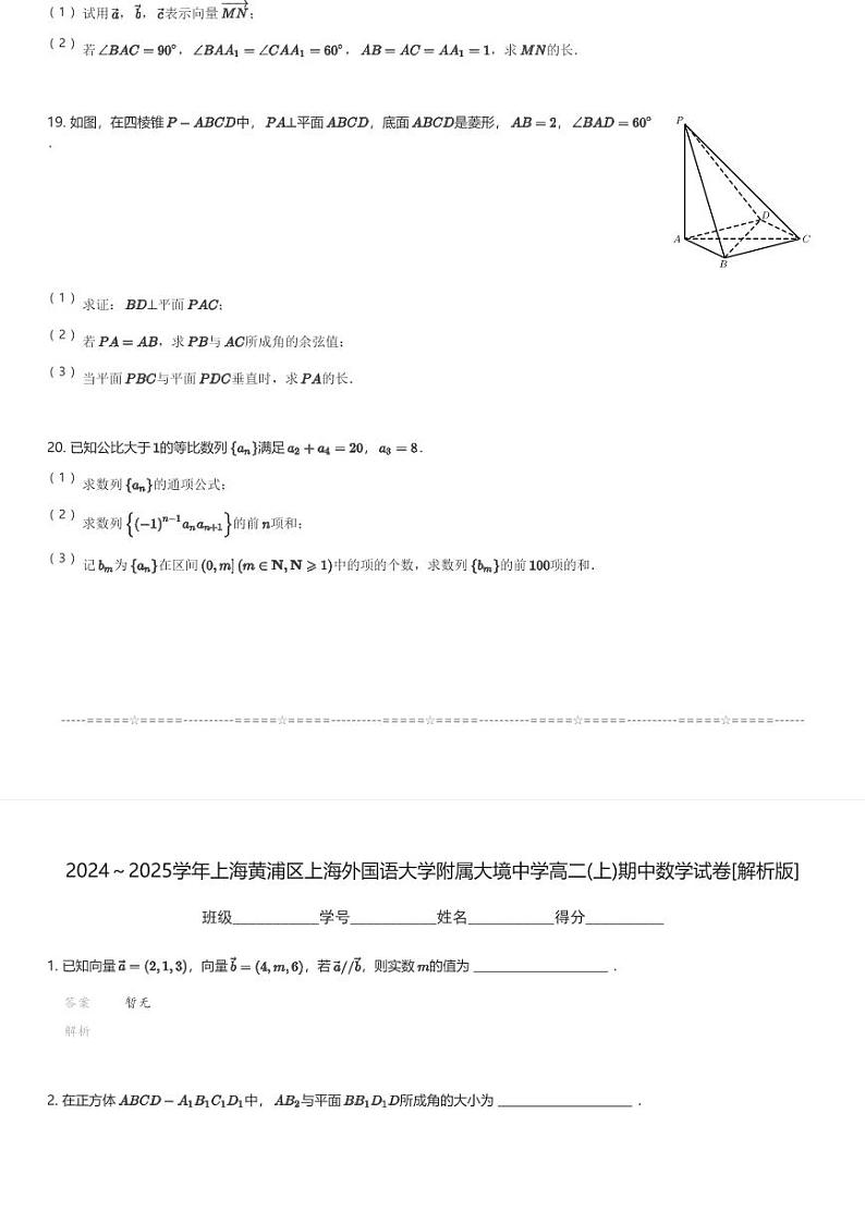 2024~2025学年上海黄浦区上海外国语大学附属大境中学高二(上)期中数学试卷(含解析)第3页