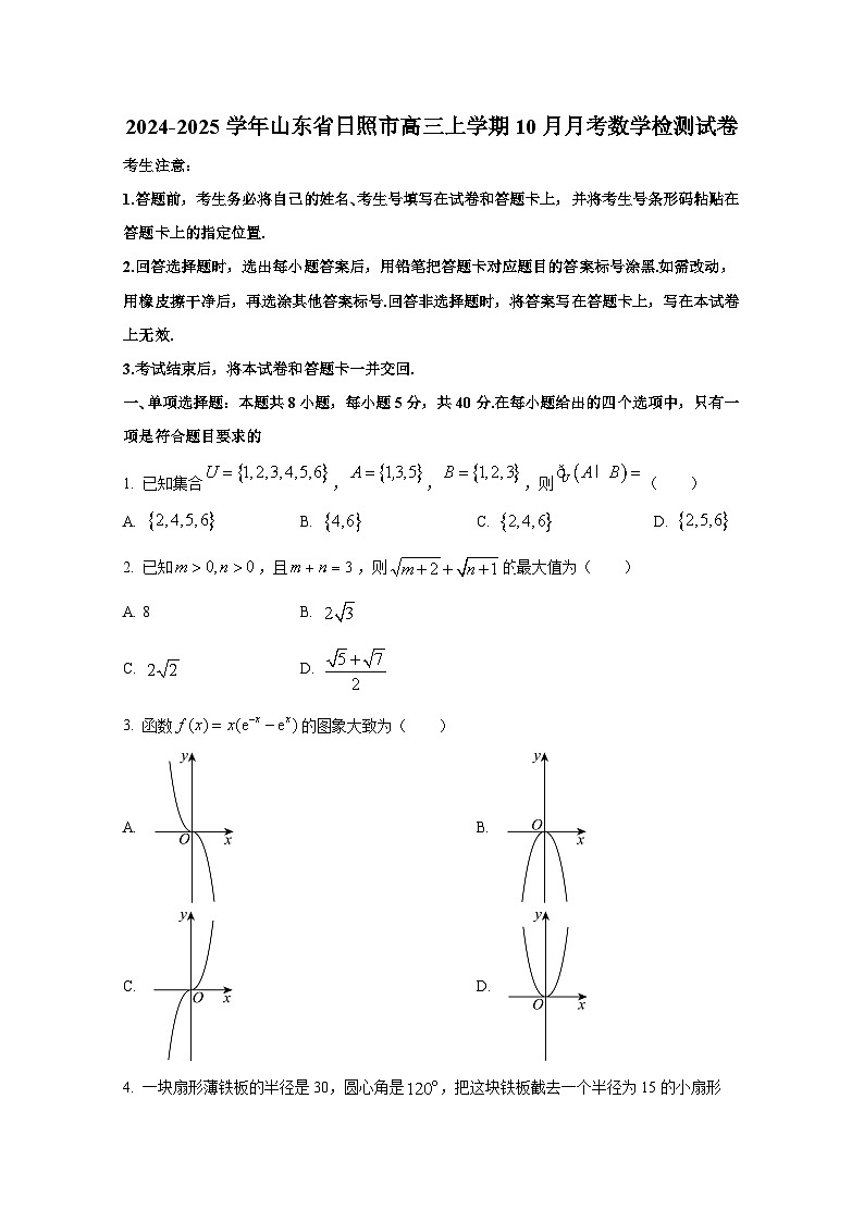 2024-2025學年山東省日照市高三上冊10月月考數(shù)學檢測試卷（含解析）第1頁