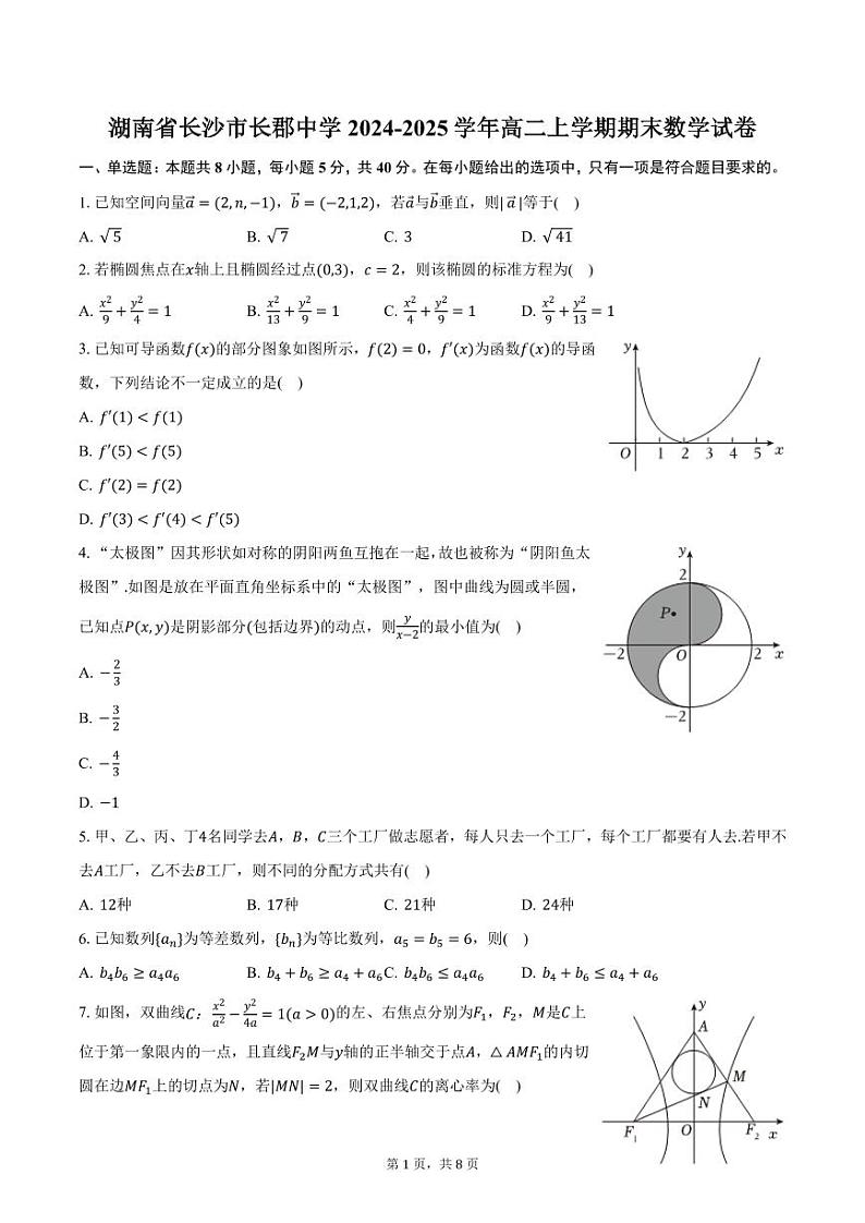 湖南省长沙市长郡中学2024-2025学年高二上学期期末数学试卷(含答案)第1页
