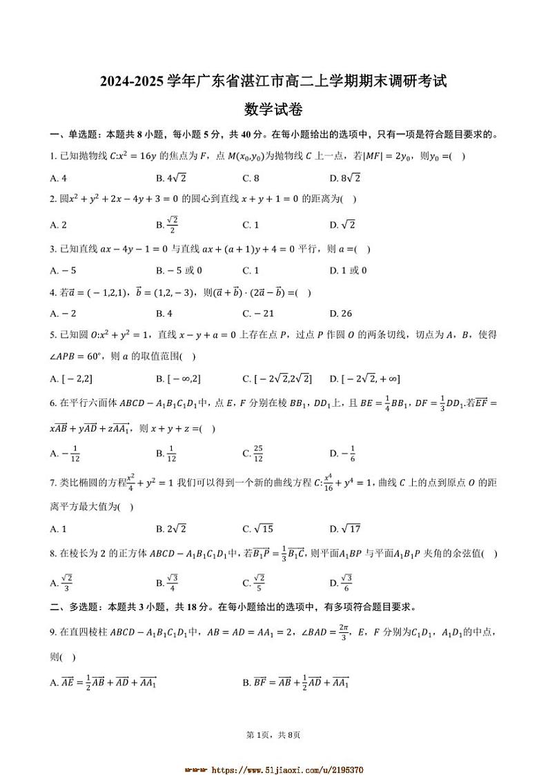 2024~2025学年广东省湛江市高二上期末调研考试数学试卷(含答案)第1页