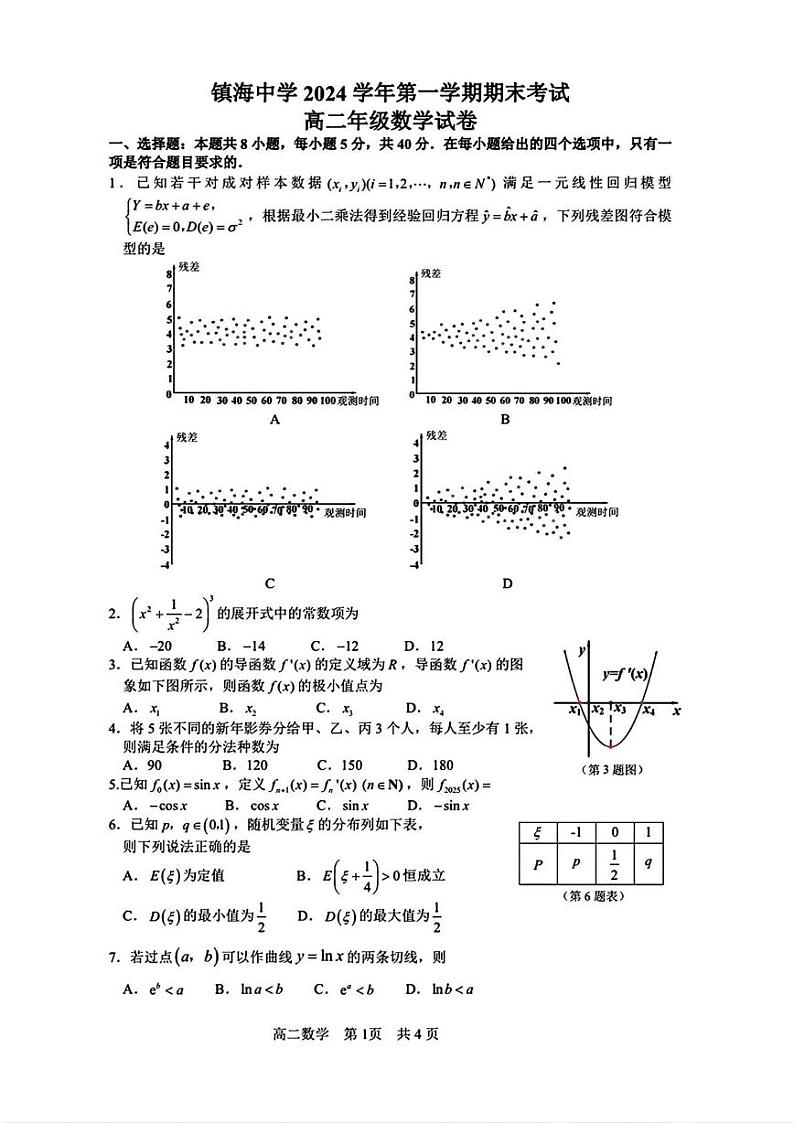 浙江省镇海中学2024-2025学年高二上学期期末考试数学试题第1页