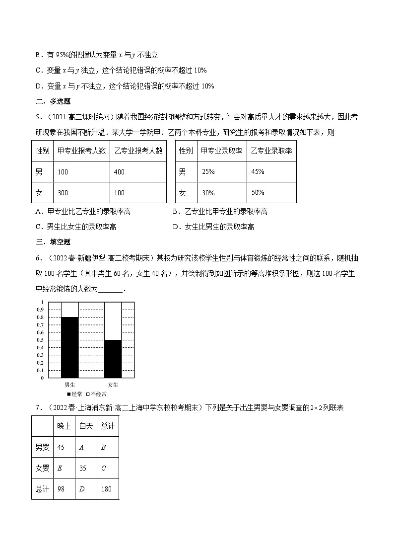 人教A版高中数学(选择性必修第三册)同步练习8.3.1分类变量与列联表(分层作业)(原卷版)第2页