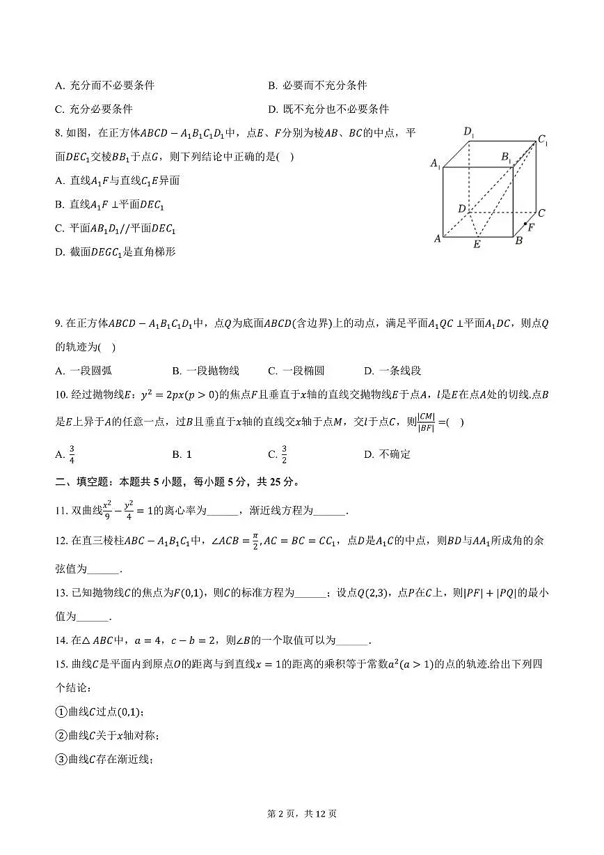 北京师大附中2024-2025学年高二上学期期末数学试卷(含答案)第2页