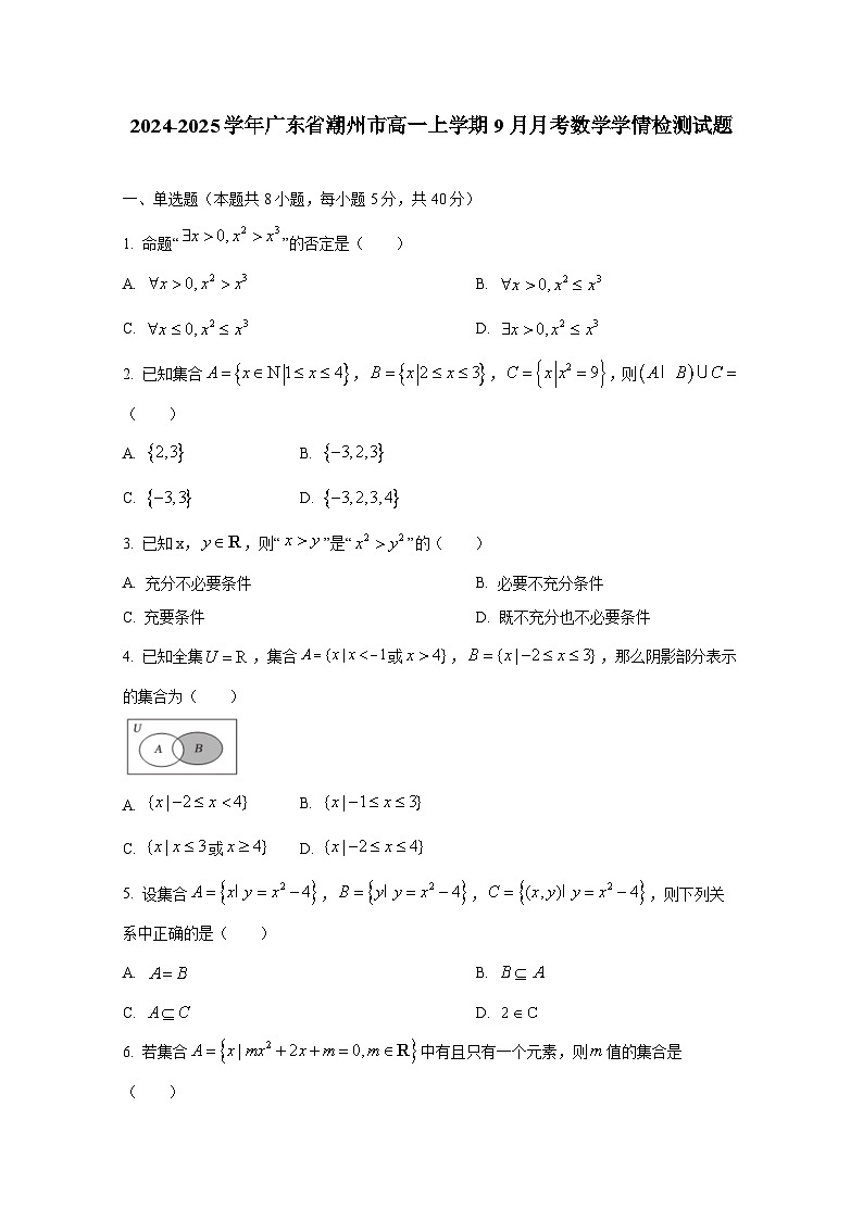 2024-2025學(xué)年廣東省潮州市高一上冊9月月考數(shù)學(xué)學(xué)情檢測試題（含解析）第1頁