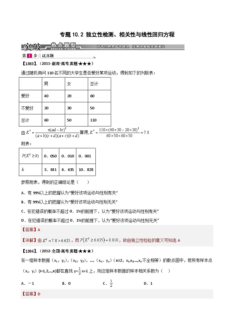 新高考数学一轮复习基础+提升训练专题10.2 独立性检测与相关性与线性回归方程(解析版)第1页