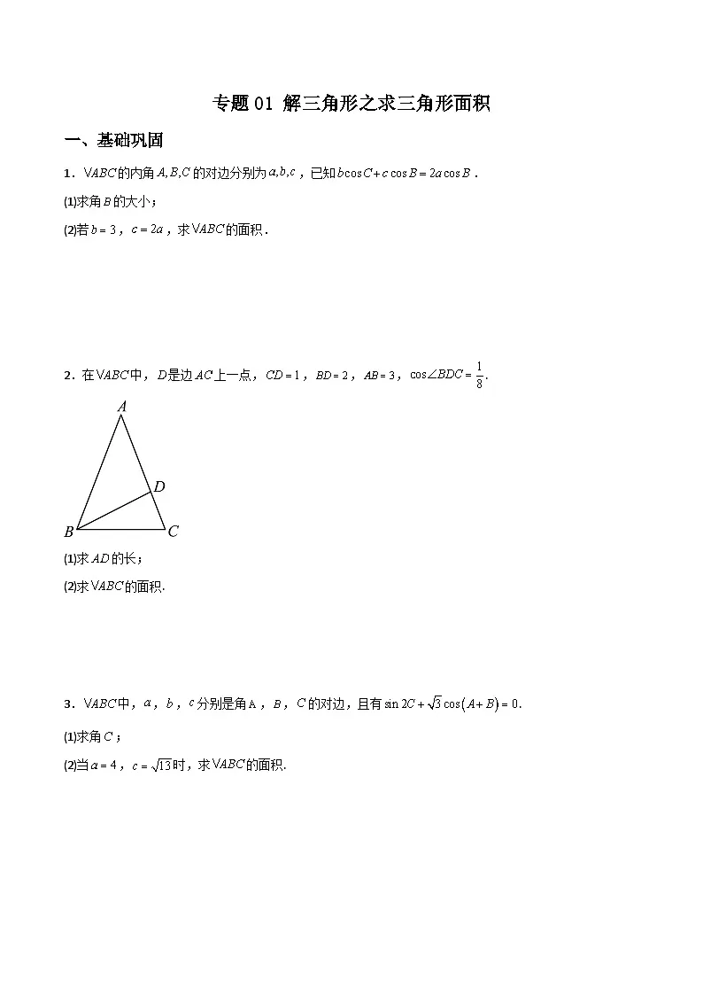 新高考数学二轮复习解答题提分训练专题01 解三角形之求三角形面积(原卷版)第1页