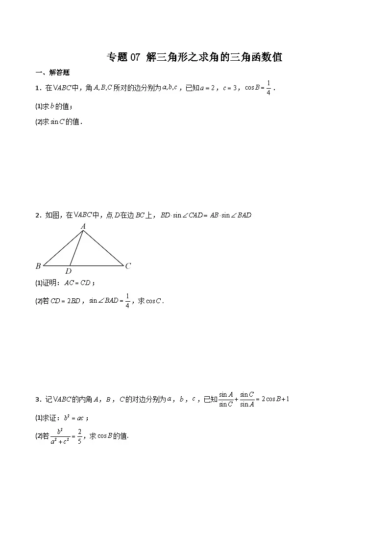 新高考数学二轮复习解答题提分训练专题07 解三角形之求角的三角函数值(原卷版)第1页