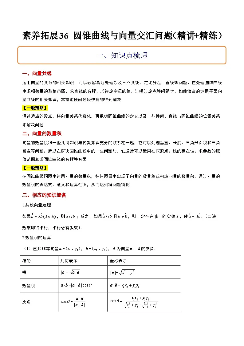 新高考数学一轮复习考点题型归纳讲练素养拓展36 圆锥曲线与向量交汇问题(精讲+精练)原卷版第1页