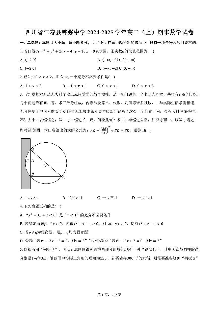 四川省仁壽縣鏵強(qiáng)中學(xué)2024-2025學(xué)年高二（上）期末數(shù)學(xué)試卷（含答案）第1頁(yè)