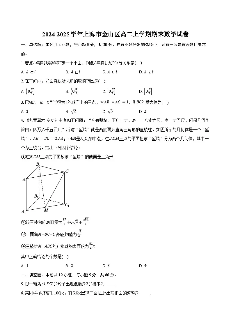 2024-2025学年上海市金山区高二上学期期末数学试卷(含答案)第1页