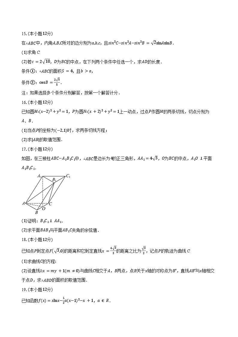 2024-2025学年安徽省临泉田家炳实验中学高二上学期1月期末测试数学试卷(含答案)第3页
