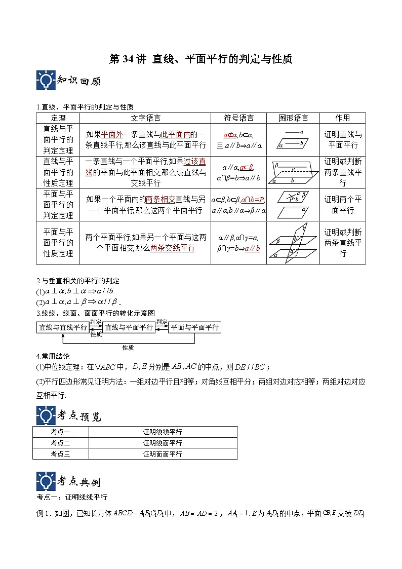 新高考数学一轮复习考点分类提升 第34讲 直线、平面平行的判定与性质(讲义)(原卷版)第1页