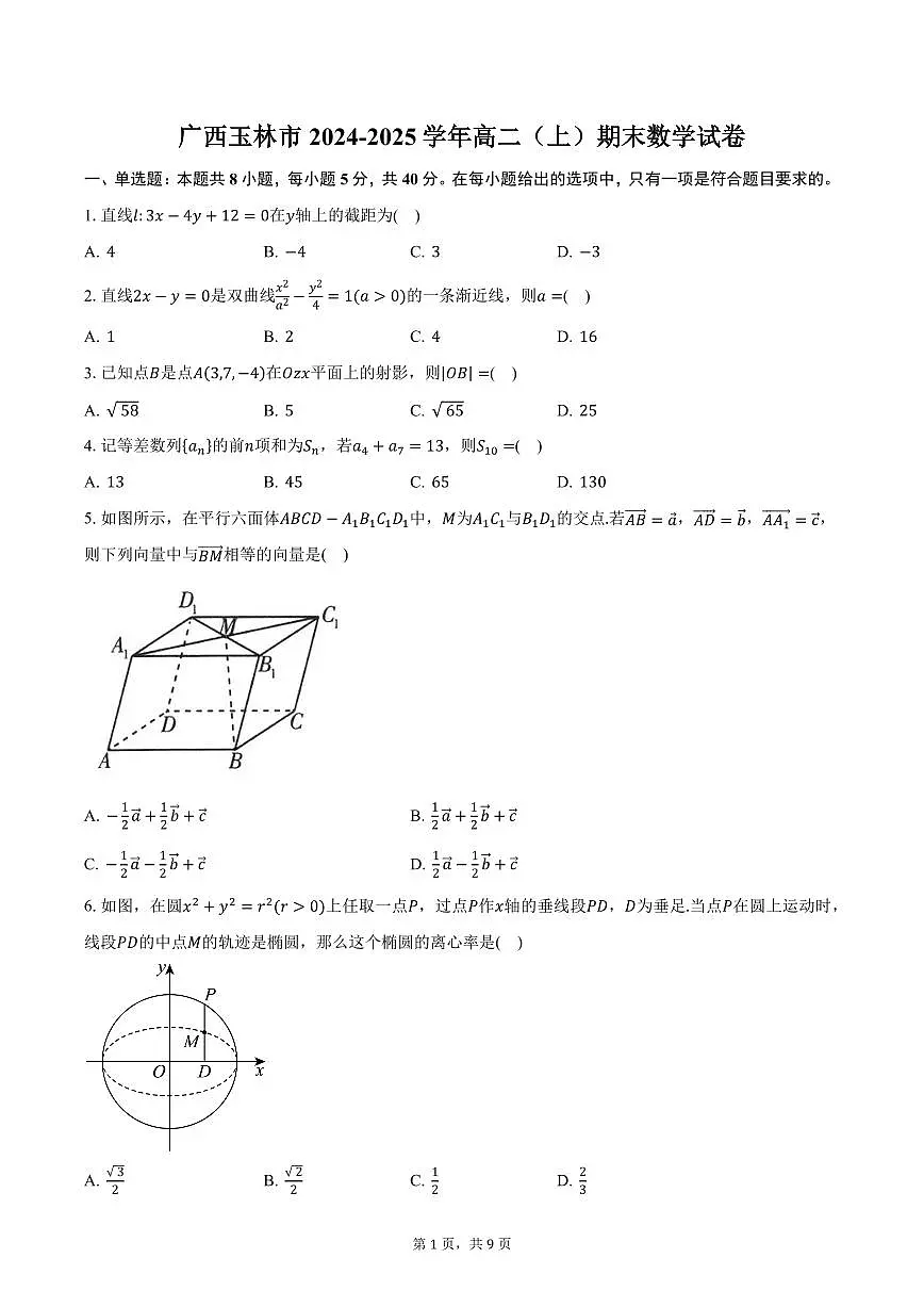 广西玉林市2024-2025学年高二(上)期末数学试卷(含答案)第1页