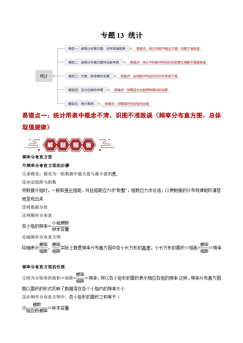 新高考数学二轮复习易错题训练专题13 统计(5大易错点分析+解题模板+举一反三+易错题通关)(原卷版)第1页