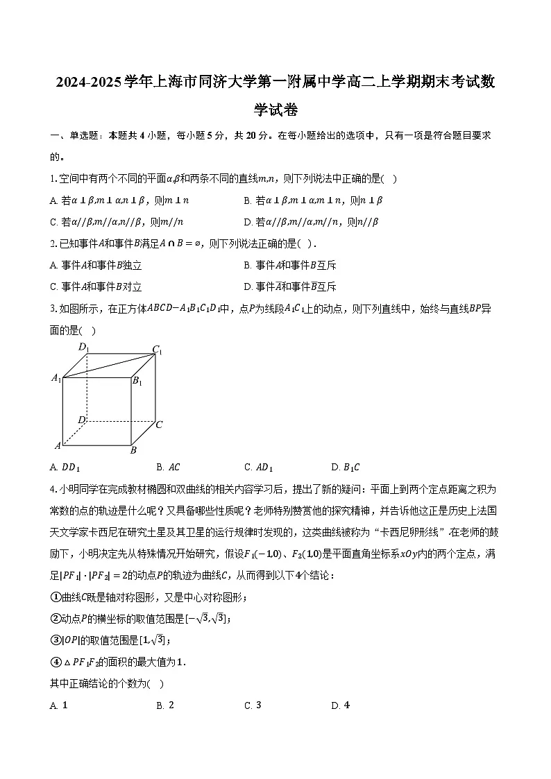 2024-2025学年上海市同济大学第一附属中学高二上学期期末考试数学试卷(含答案)第1页
