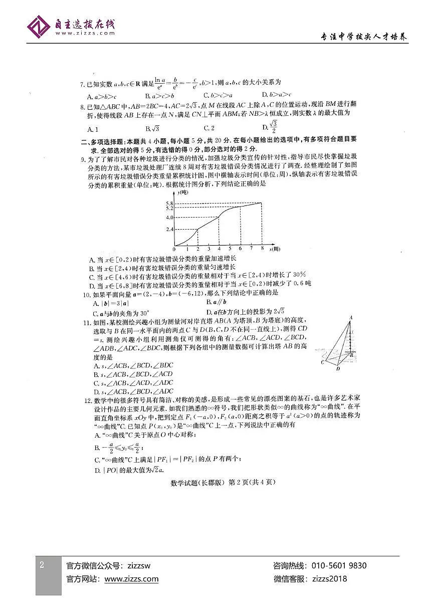 长郡中学2021届高三模拟试卷(一)数学试题第2页