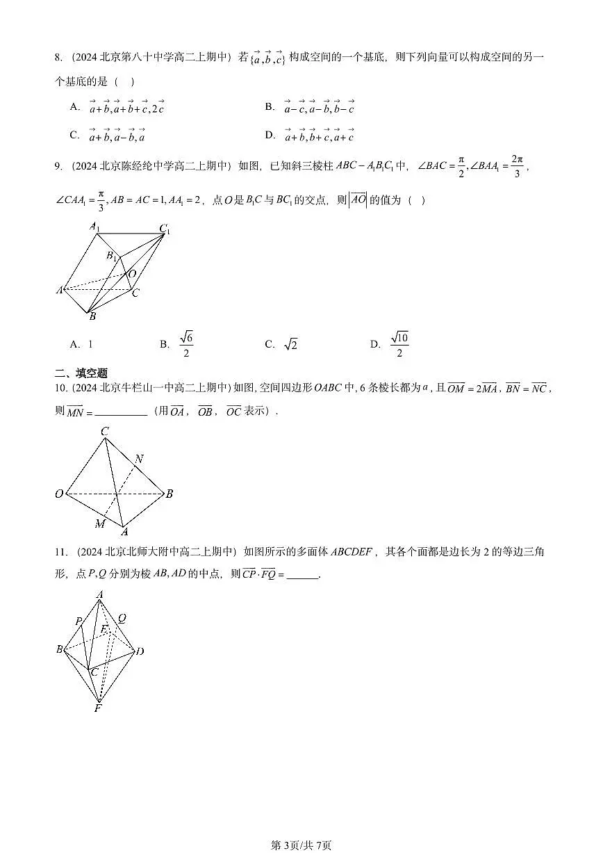 2024北京重点校高二(上)期中真题数学汇编:空间向量基本定理第3页