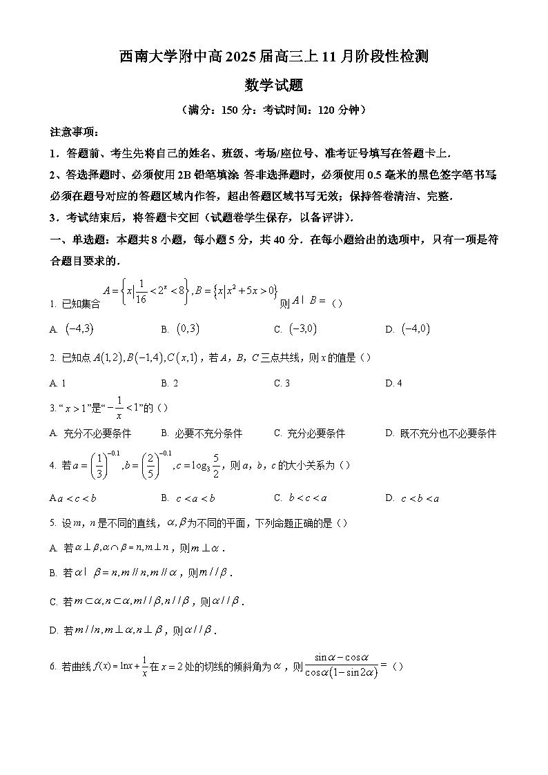 重庆市西南大学附属中学校2025届高三上学期11月阶段性检测数学试题 Word版无答案第1页