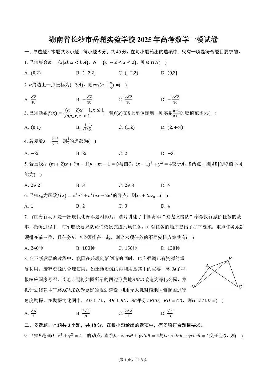 湖南省长沙市岳麓实验学校2025年高考数学一模试卷(含答案)第1页