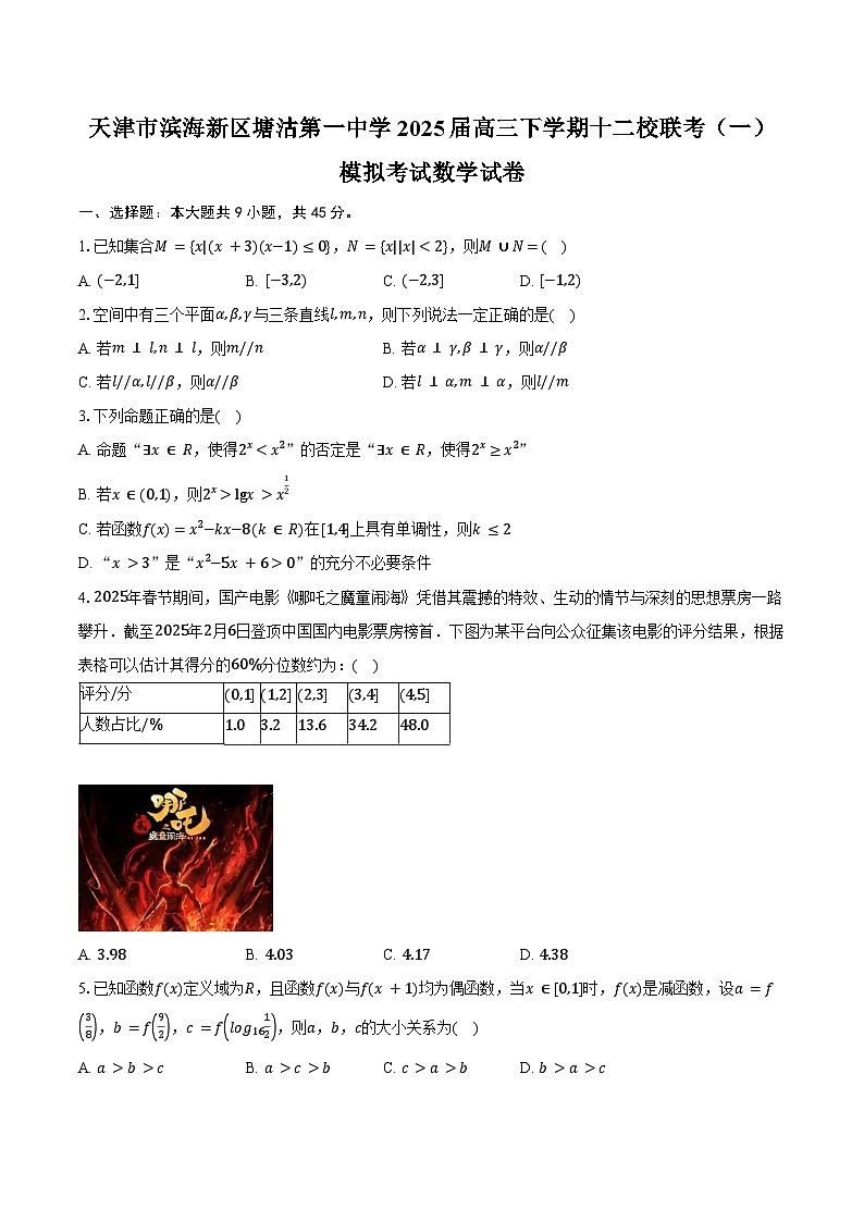 天津市滨海新区塘沽第一中学2025届高三下学期十二校联考(一)模拟考试数学试卷(含答案)第1页