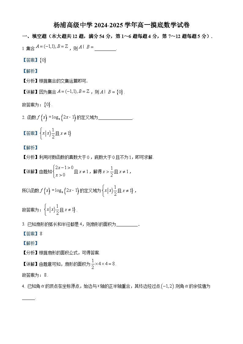上海市杨浦高级中学2024-2025学年高一下学期开学摸底(3月) 数学试卷(含解析)第1页