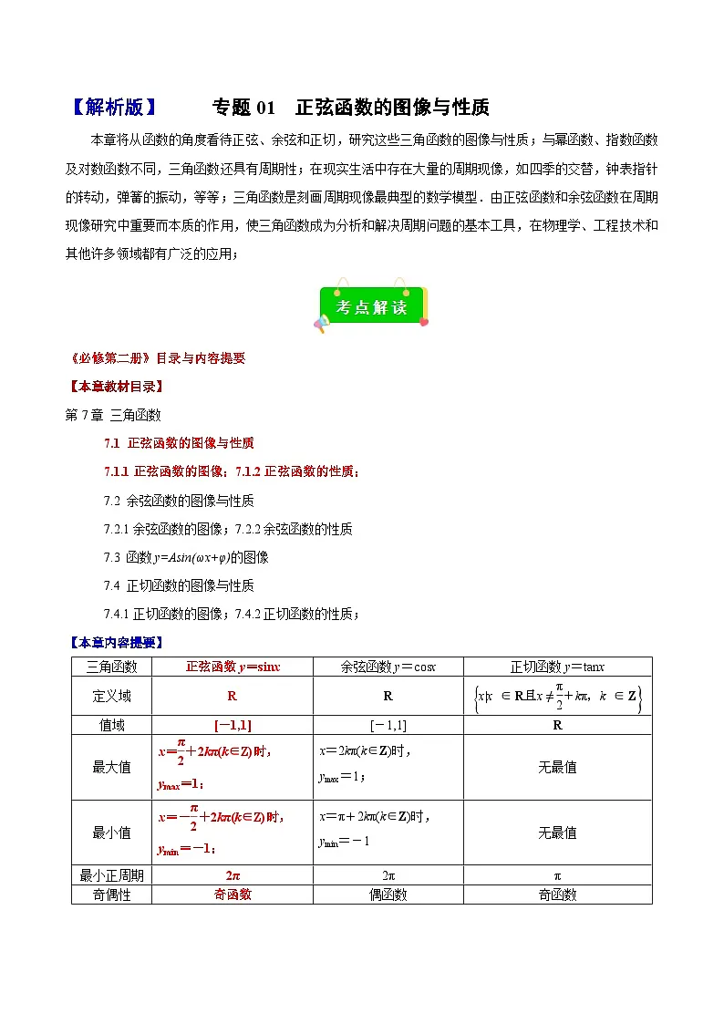 专题01 正弦函数的图像与性质(原卷版)(考点解读 考点归纳 10类题型)第1页