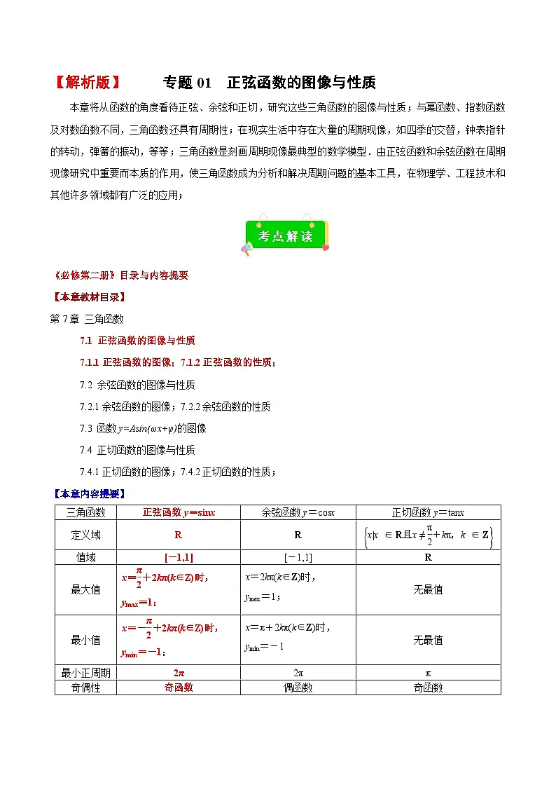 专题01 正弦函数的图像与性质(解析版)(考点解读 考点归纳 10类题型)第1页