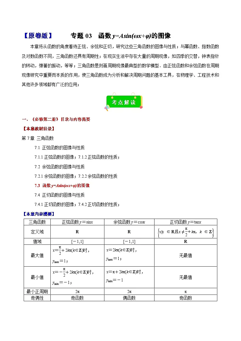 专题03 函数y=Asin(ωx+φ)的图像(原卷版)(考点解读 考点归纳)第1页