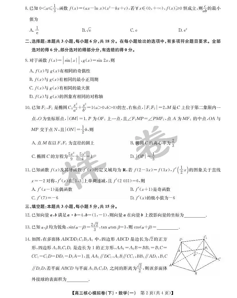 湖北省2025届九师联盟核心模拟卷(下)(样卷)数学第2页