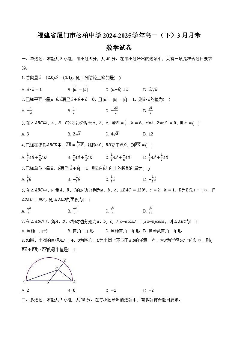 福建省厦门市松柏中学2024-2025学年高一(下)月考数学试卷(3月份)(含解析)第1页