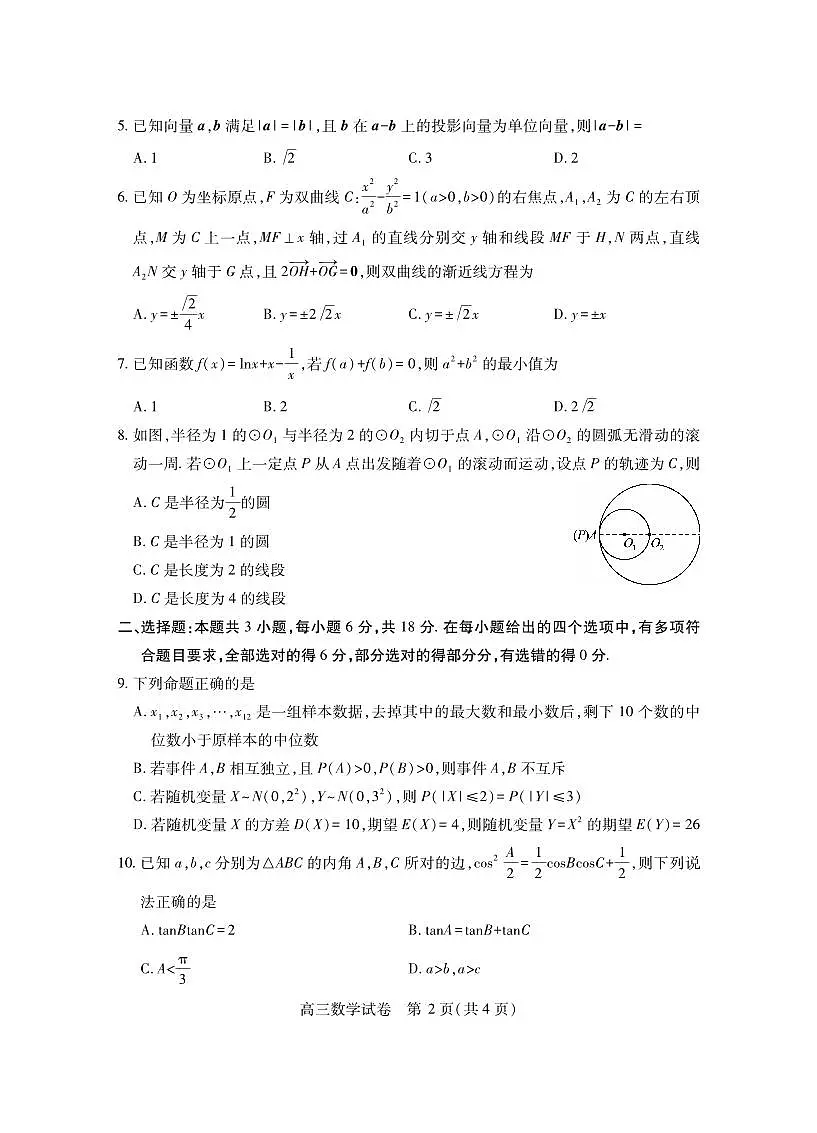 湖北省2025届高三(4月)调研模拟考试数学第2页