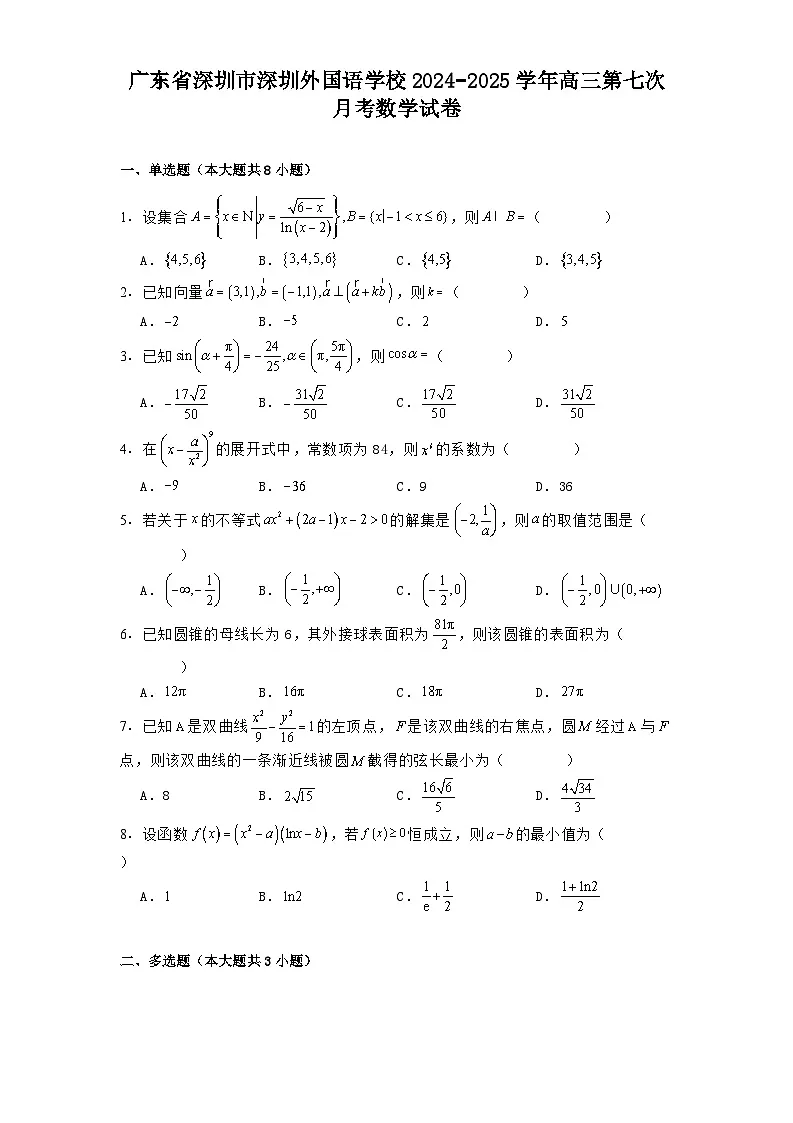 广东省深圳市深圳外国语学校2024−2025学年高三第七次月考数学试卷(含解析)第1页