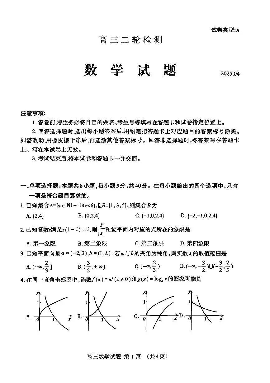 山东省泰安市2025届高三高考模拟第二次模拟-数学试题+答案第1页
