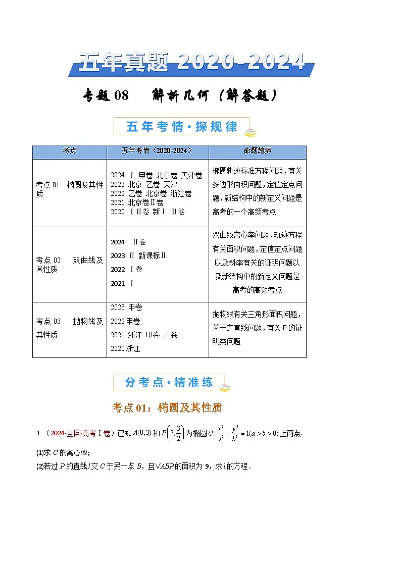 专题08 解析几何(解答题)-【好题汇编】五年(2020-2024)高考数学真题分类汇编(原卷版)第1页