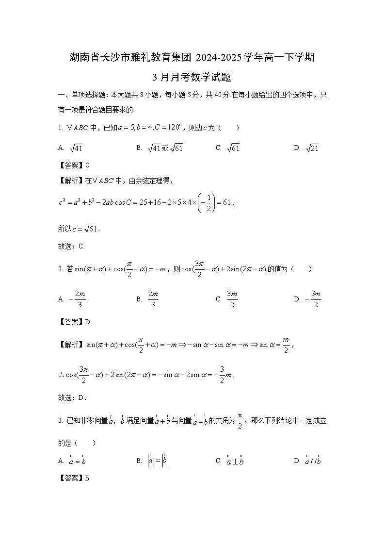 湖南省长沙市雅礼教育集团2024-2025学年高一下学期3月月考数学试卷(解析版)第1页