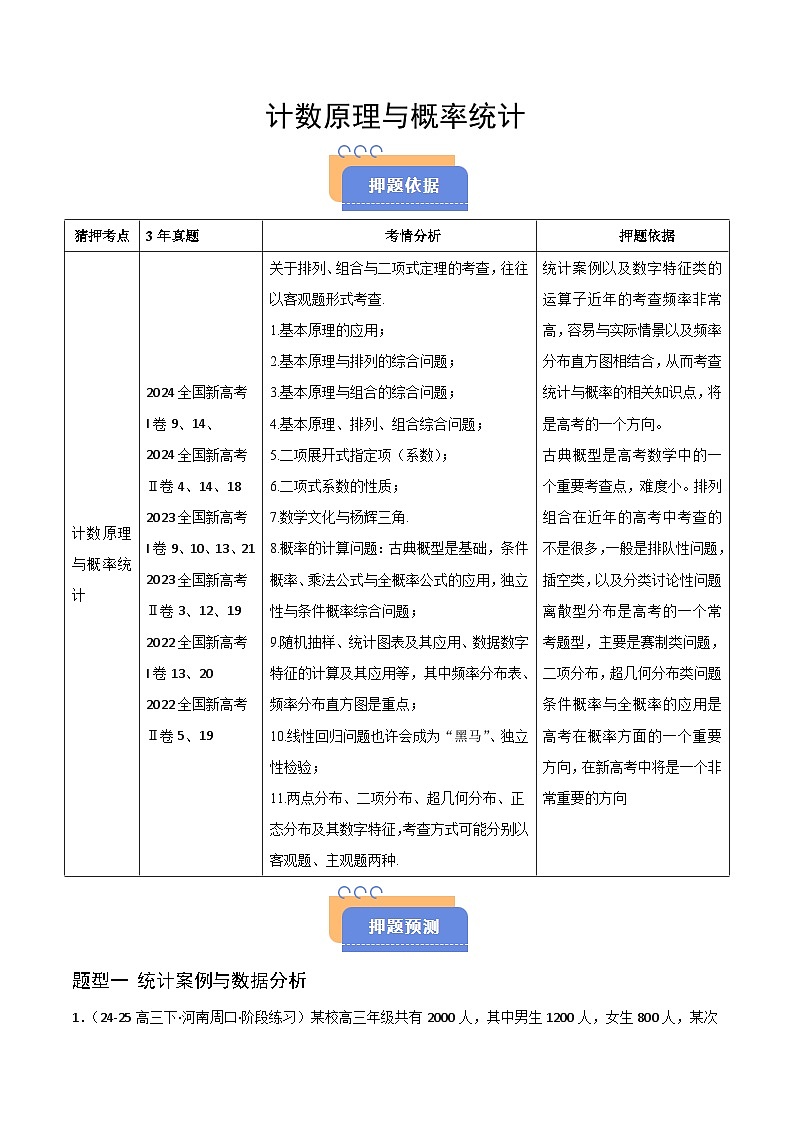 备战2025年高考数学(新高考专用)猜押计数原理与概率统计(五大题型)(教师版)第1页