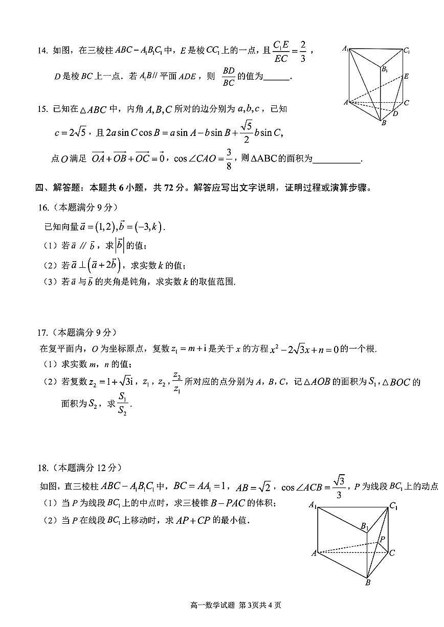 安徽师大附中2024-2025学年高一下学期4月期中数学试题(含答案)第3页