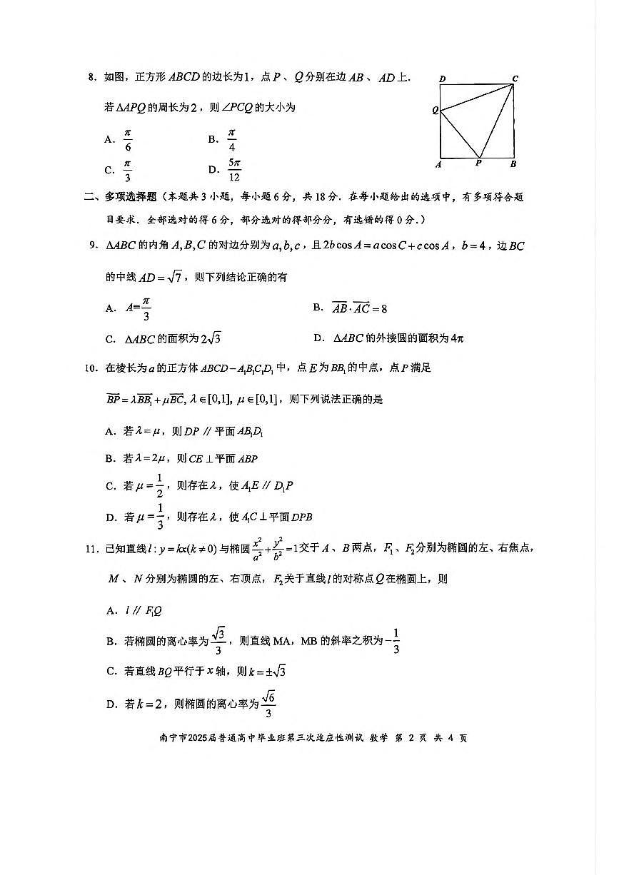广西南宁市2025届高三第三次适应性测试数学试卷(含答案)含答案解析第2页