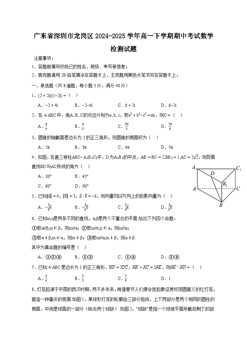 广东省深圳市龙岗区2024-2025学年高一下学期期中考试数学检测试题(含答案)第1页