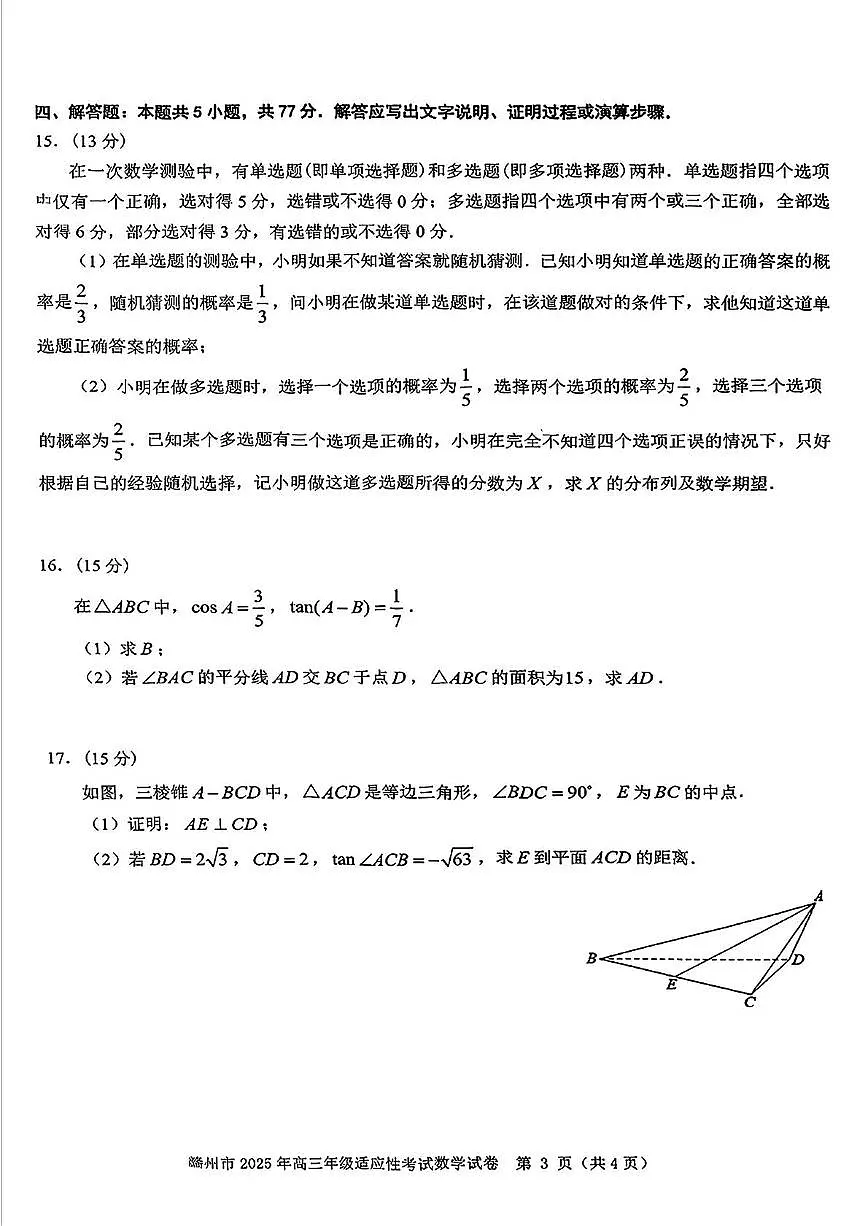 2025届江西省赣州市高三二模数学试题(高考模拟)第3页