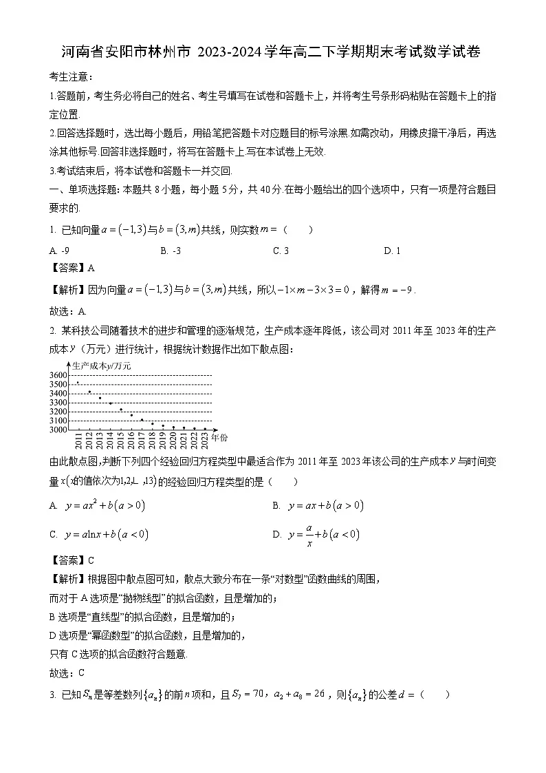 河南省安阳市林州市2023-2024学年高二下学期期末考试数学试卷(解析版)第1页