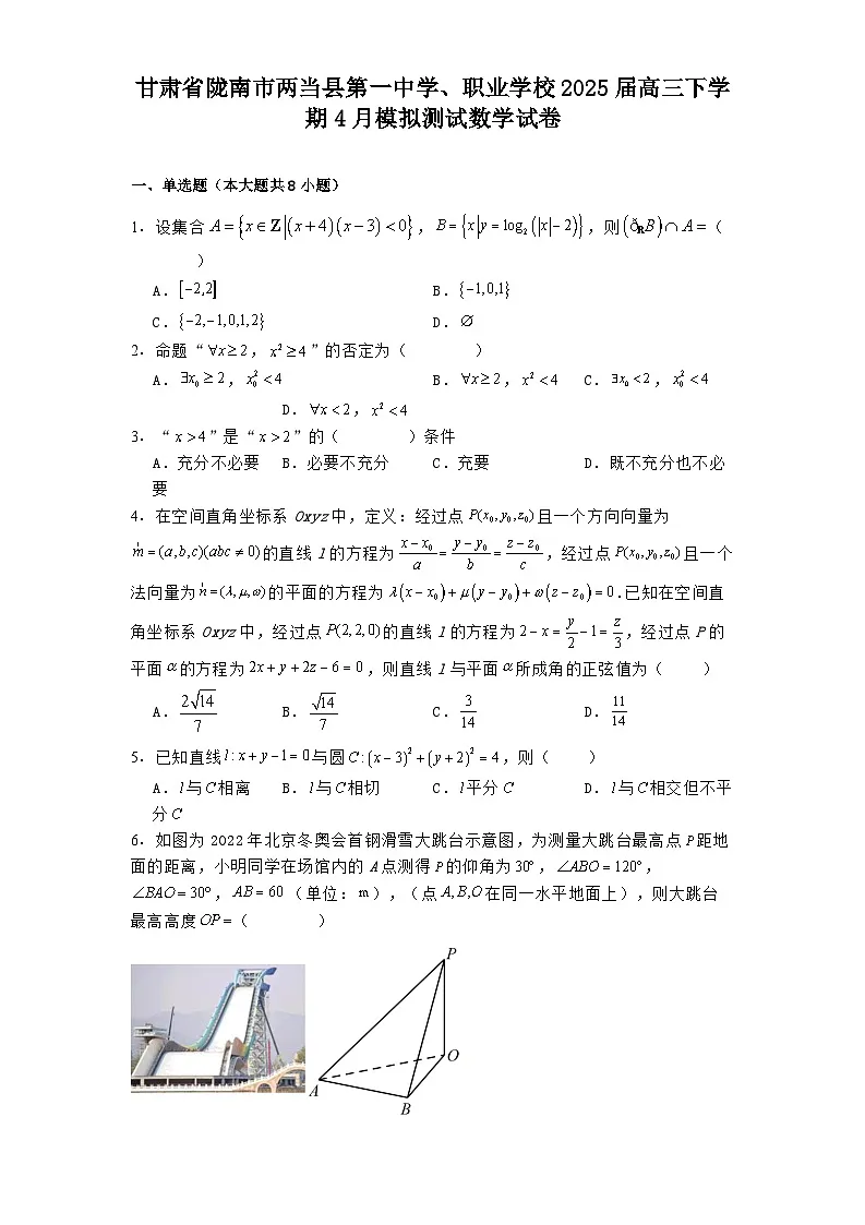 甘肃省陇南市两当县第一中学、职业学校2025届高三下学期4月模拟测试 数学试卷(含解析)第1页