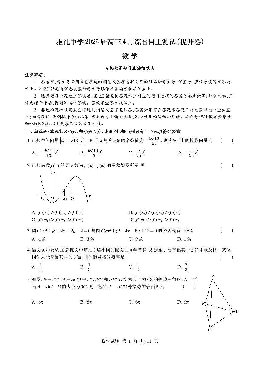 湖南省长沙市雅礼中学2025届高三4月综合自主测试(提升卷)数学试题【含答案】第1页