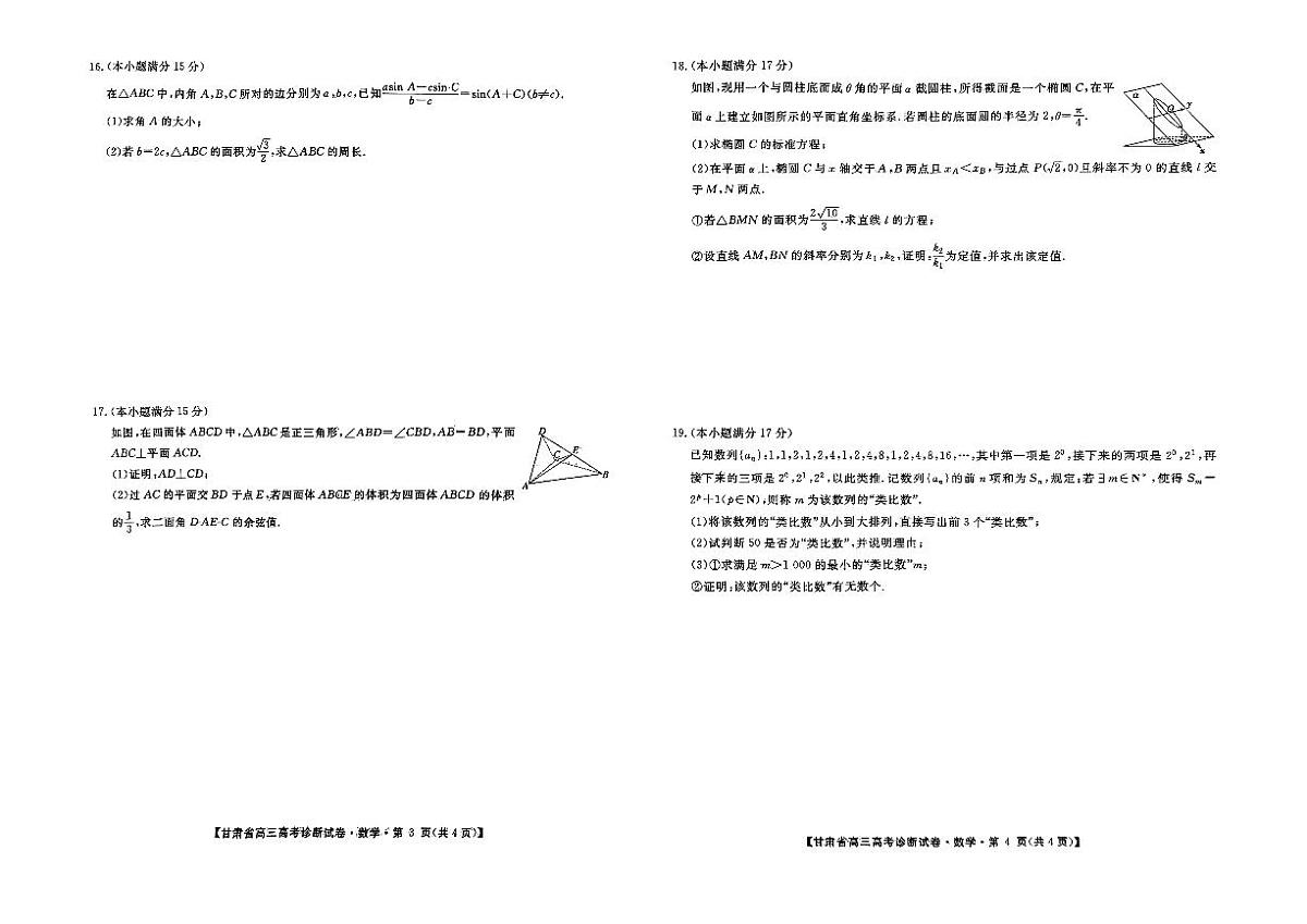 甘肃省2024-2025学年高三上学期12月高考诊断 数学试卷(含答案)第2页