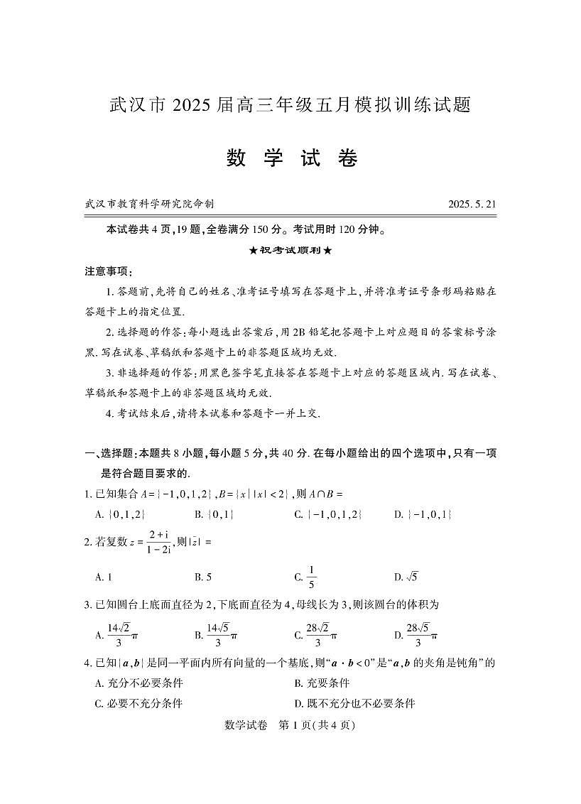 湖北省武汉市2025届高三高考模拟训练-数学试题+答案第1页