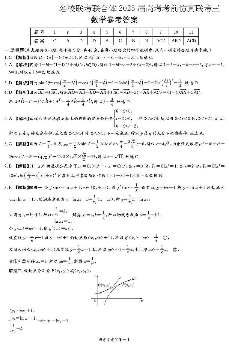 数学答案(仿真联考三)第1页