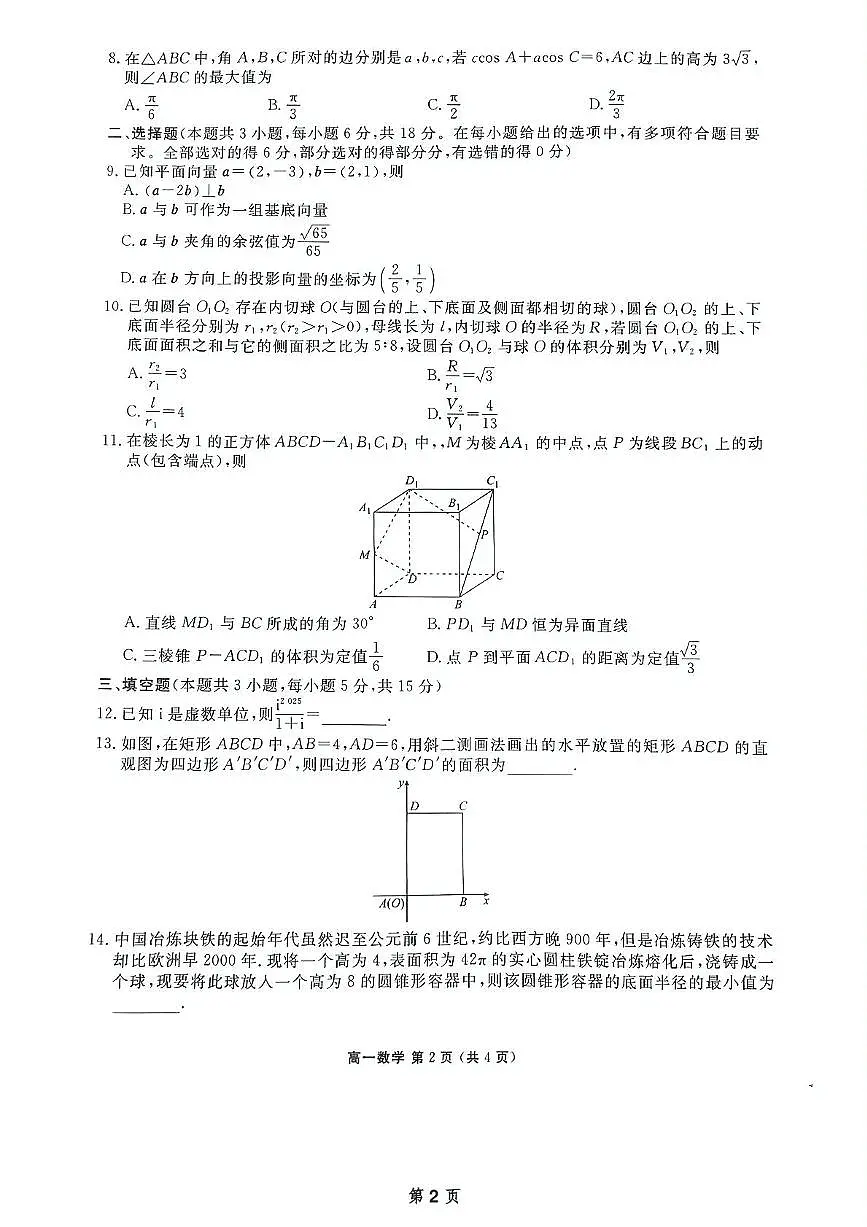 广东省惠州市泰雅实验学校2024——2025学年高一下学期第二次月考试题数学第2页
