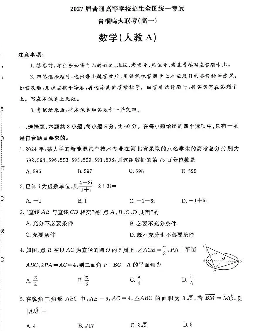 河南省青桐鸣2024-2025学年高一下学期5月联考 数学试题(人教A版)第1页