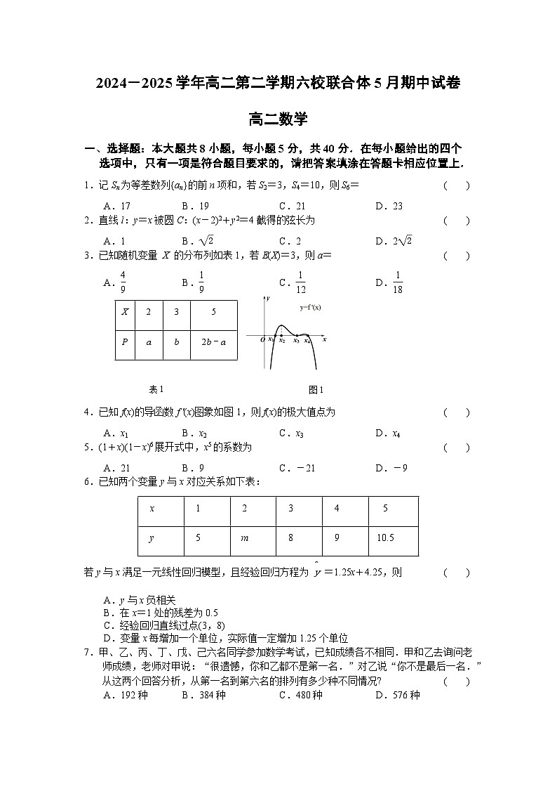 江苏省南京市六校联合体2024-2025学年高二下学期5月期中考试数学试题(Word版附答案)第1页