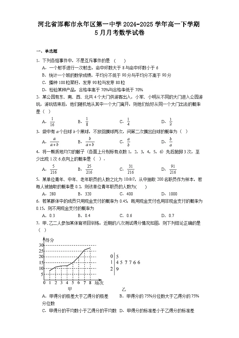 河北省邯郸市永年区第一中学2024−2025学年高一下学期5月月考 数学试卷(含解析)第1页
